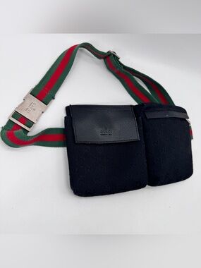 Vintage Gucci GG Canvas Belt Bag Black Leather Waist Bag Crossbody Italy